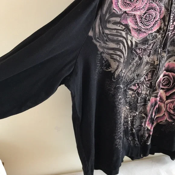 Essentials Sz 4X hoodie zip front Y2K graphic roses Butterflies crystals black - Picture 4 of 14